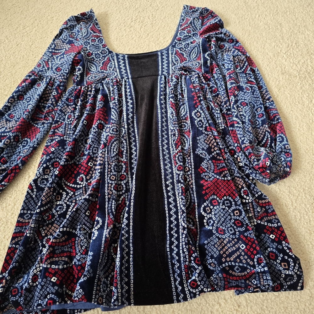 FREE PEOPLE OH SO EASY VELVET BABYDOLL DRESS IN BLUE COMBO Womens Size Small - Picture 13 of 13
